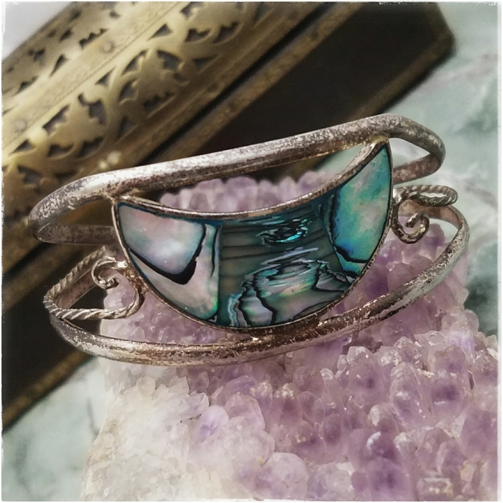 SOLD Alpaca Silver Abalone half moon cuff bracelet - Picture 2 of 7